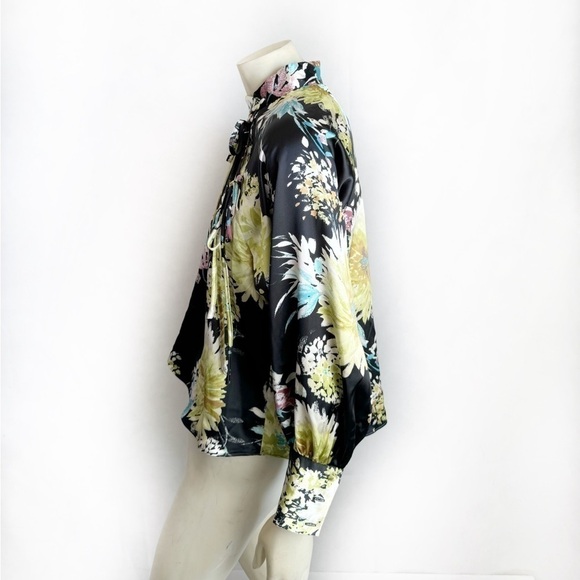 Zara Black Floral Printed Gathered Long Sleeve Blouse Size M - Picture 4 of 9